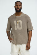 Printed Textured Knit Short Sleeve Tee - Brown image 1