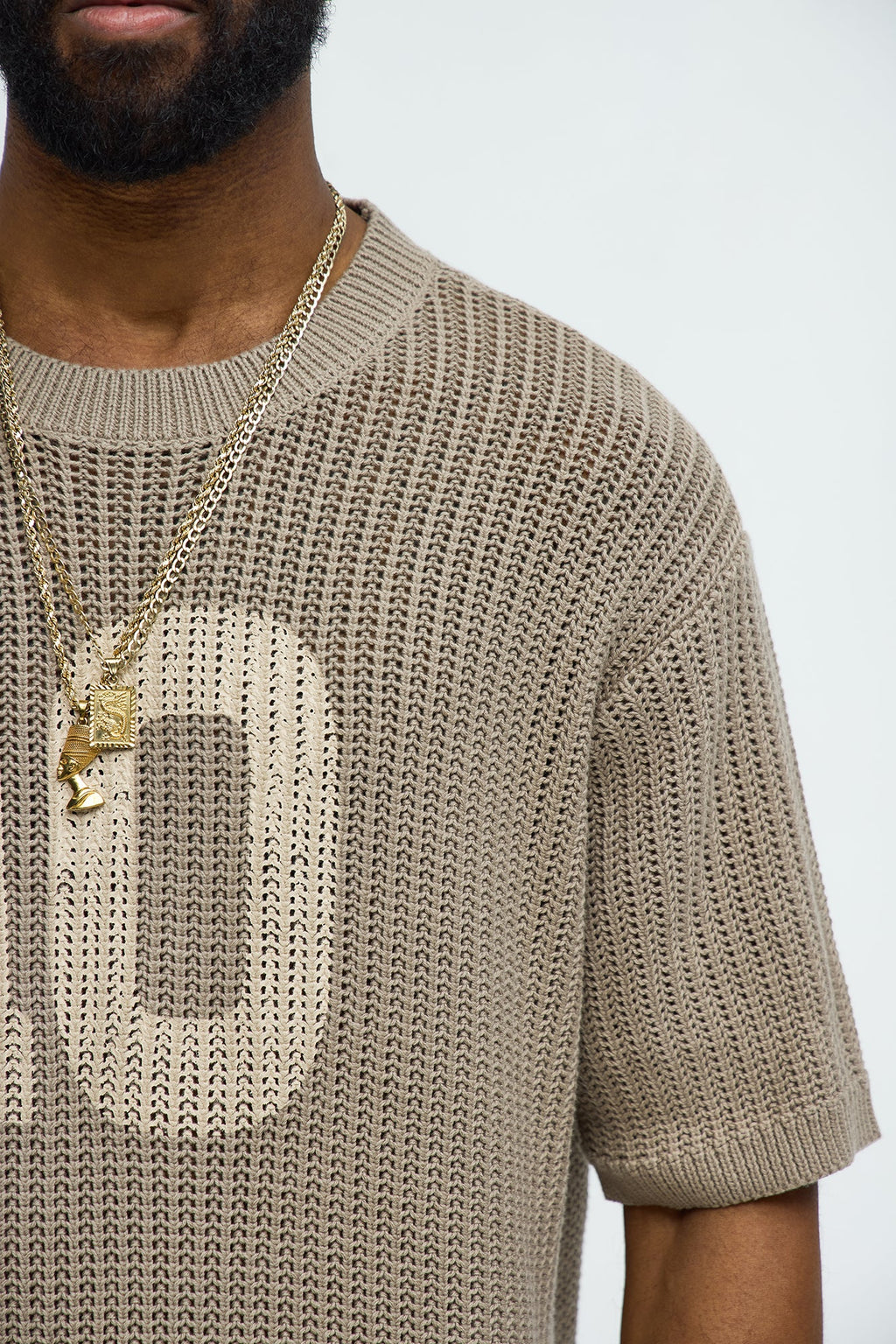 Printed Textured Knit Short Sleeve Tee - Brown image 3