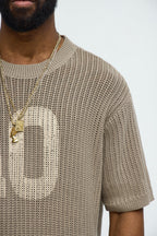 Printed Textured Knit Short Sleeve Tee - Brown image 3
