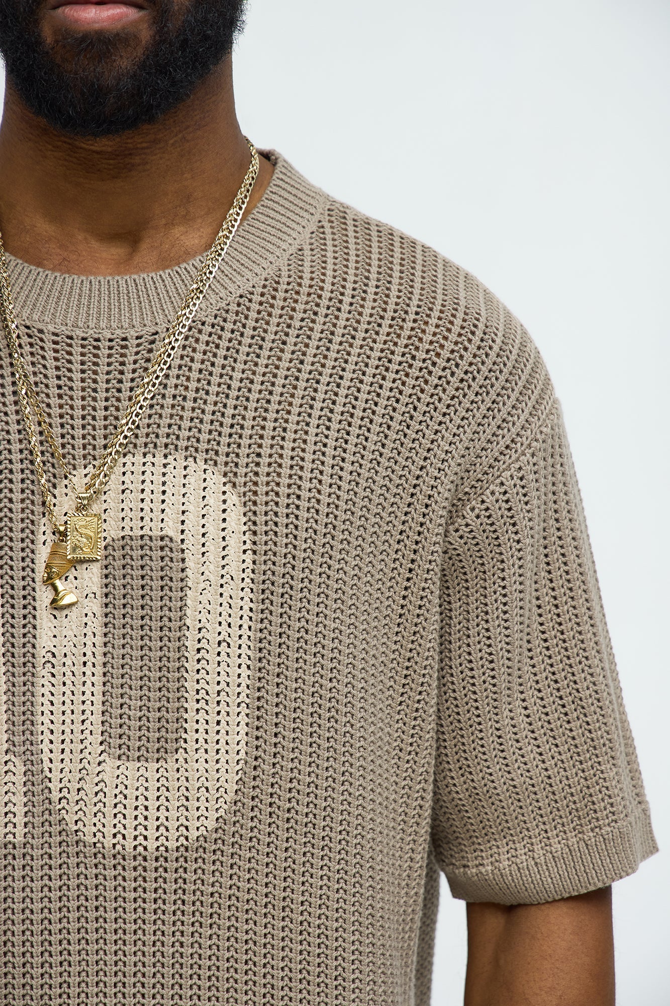 Printed Textured Knit Short Sleeve Tee - Brown image 3