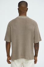 Printed Textured Knit Short Sleeve Tee - Brown image 4