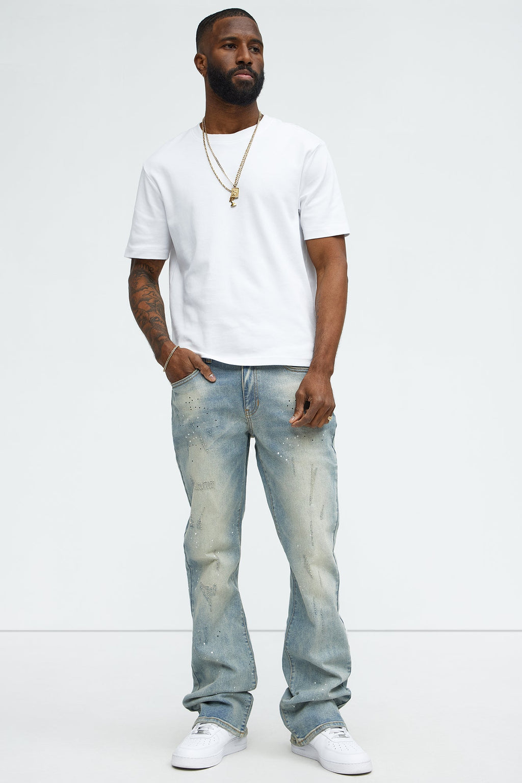 Ripped And Bleach Splatter Stacked Slim Flare Jeans - Light Blue Wash image 2