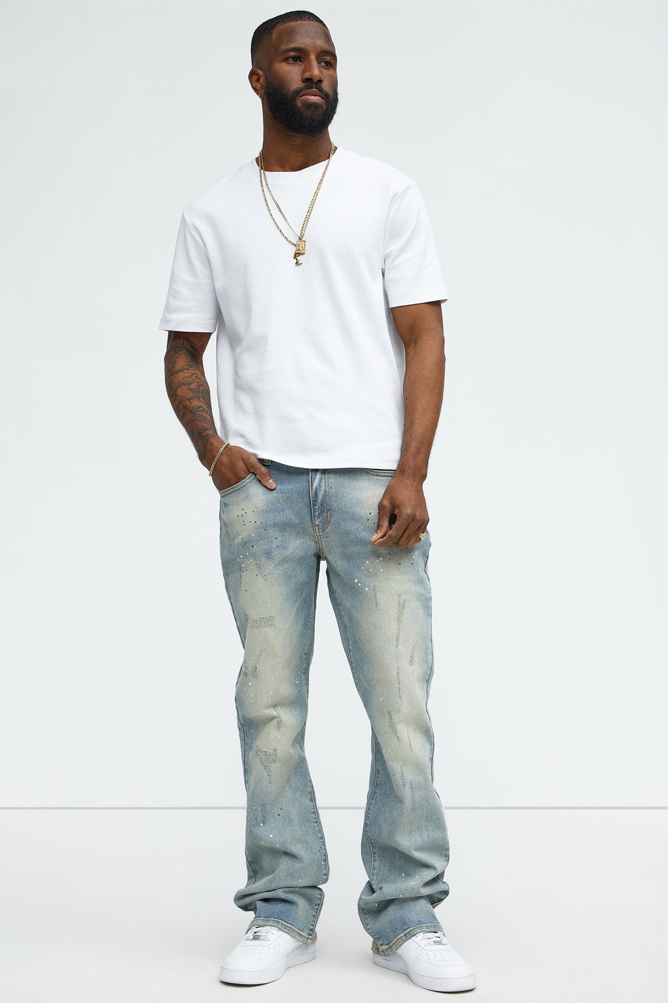Ripped And Bleach Splatter Stacked Slim Flare Jeans - Light Blue Wash image 2