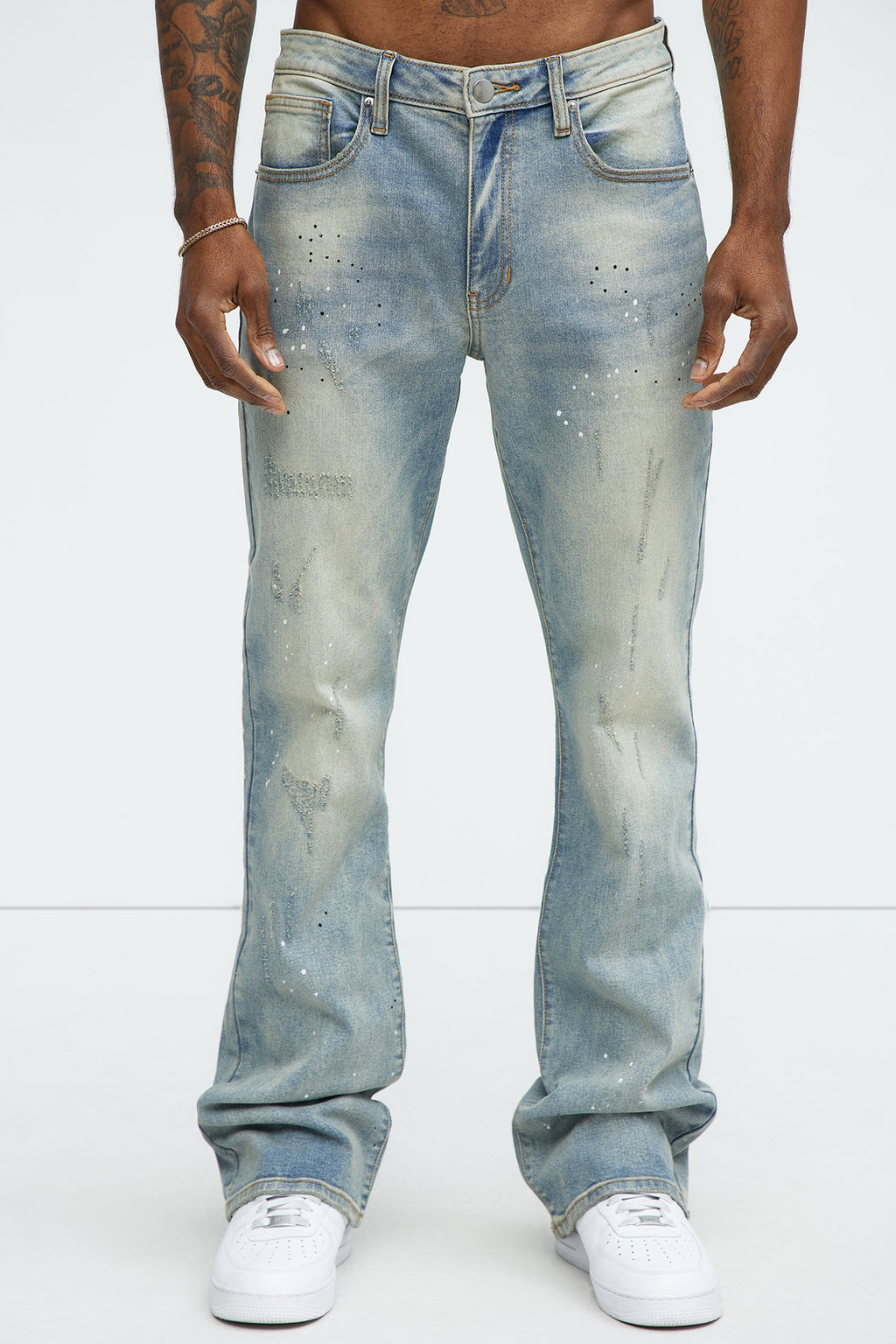 Ripped And Bleach Splatter Stacked Slim Flare Jeans - Light Blue Wash image 3
