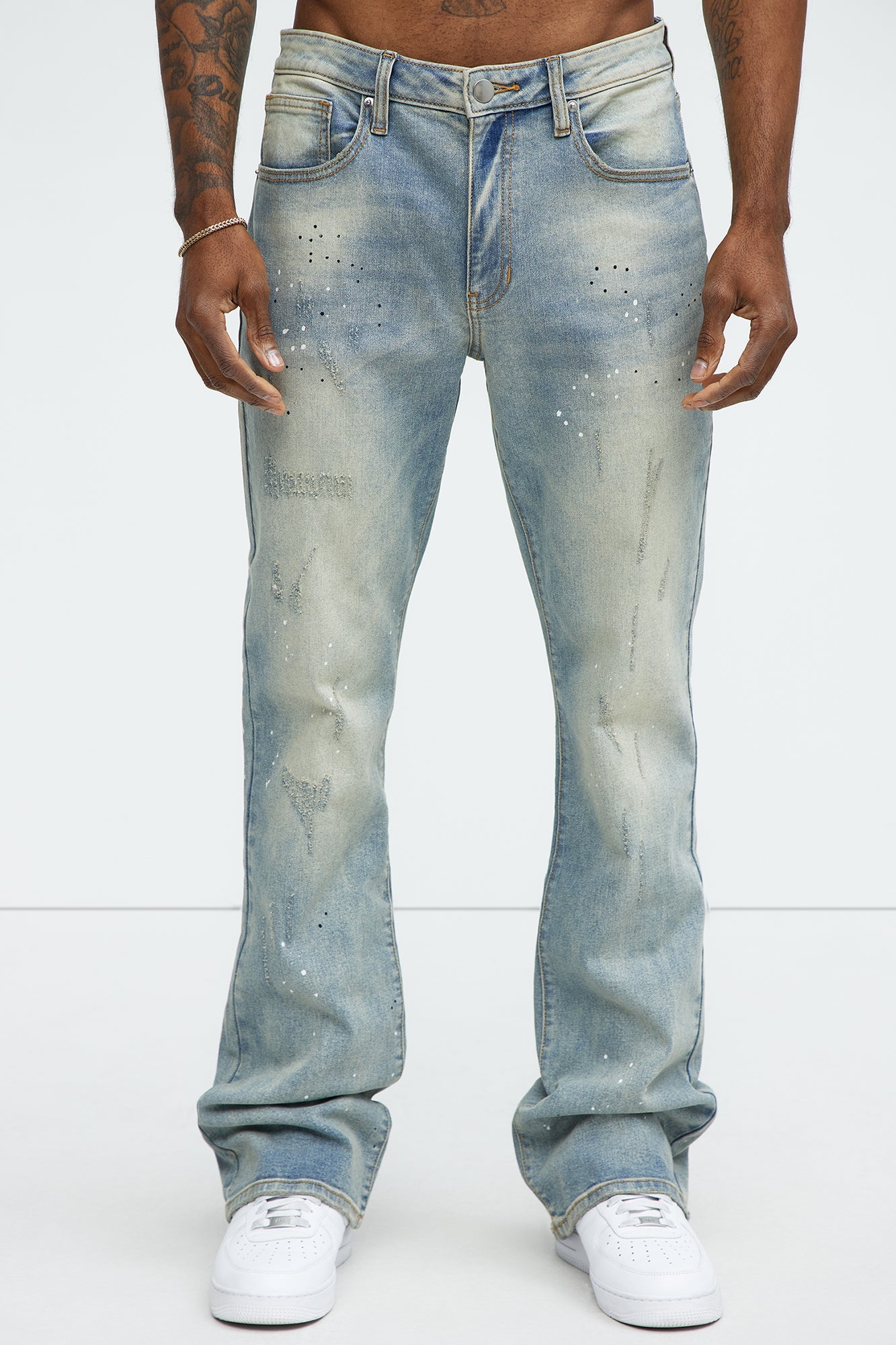 Ripped And Bleach Splatter Stacked Slim Flare Jeans - Light Blue Wash image 3