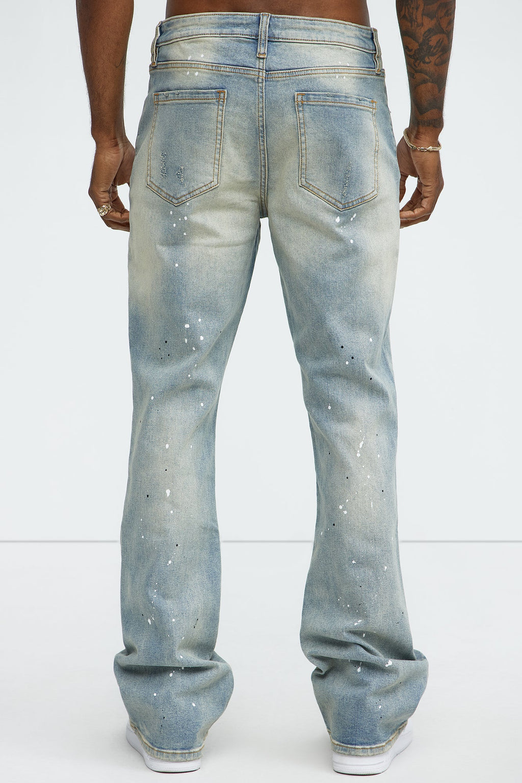 Ripped And Bleach Splatter Stacked Slim Flare Jeans - Light Blue Wash image 4