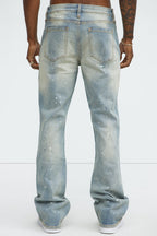 Ripped And Bleach Splatter Stacked Slim Flare Jeans - Light Blue Wash image 4