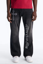Stacked Slim Flare Faith Over Fear Drip Jean - Black Wash image 1