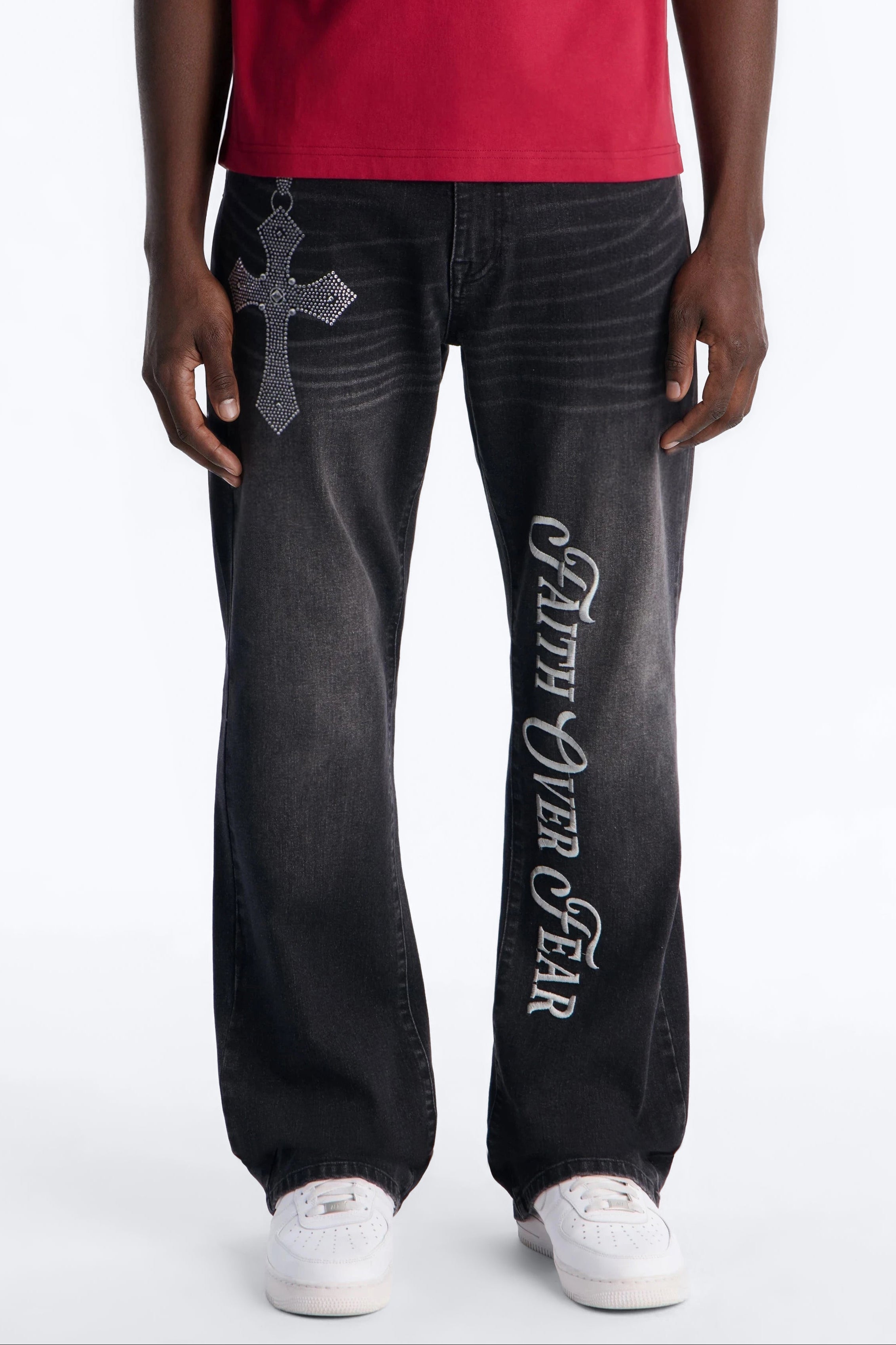 Stacked Slim Flare Faith Over Fear Drip Jean - Black Wash image 1