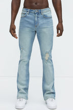 Take No L's Stacked Slim Flared Jeans - Medium Blue Wash image 1