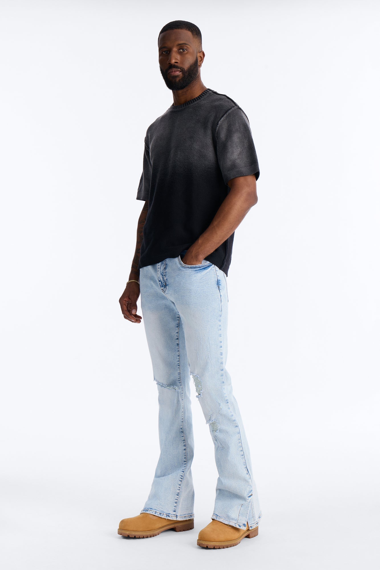 Stacked Skinny Flare Slit Dare Me Distressed Jean - Light Blue Wash image 2