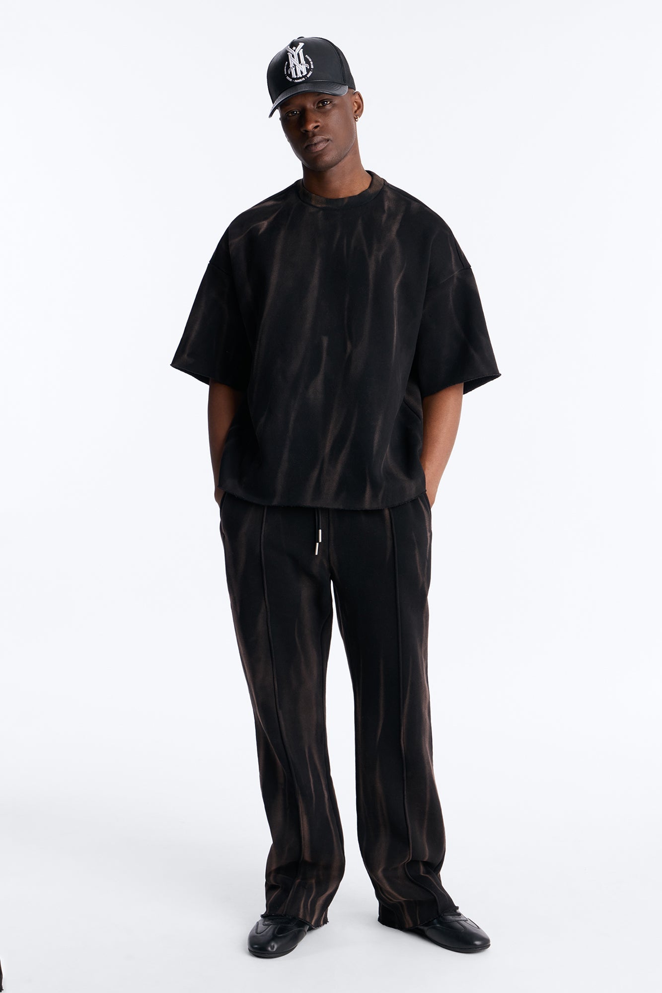 Oversized Bleach Washed Short Sleeve Fleece Tee - Black image 2