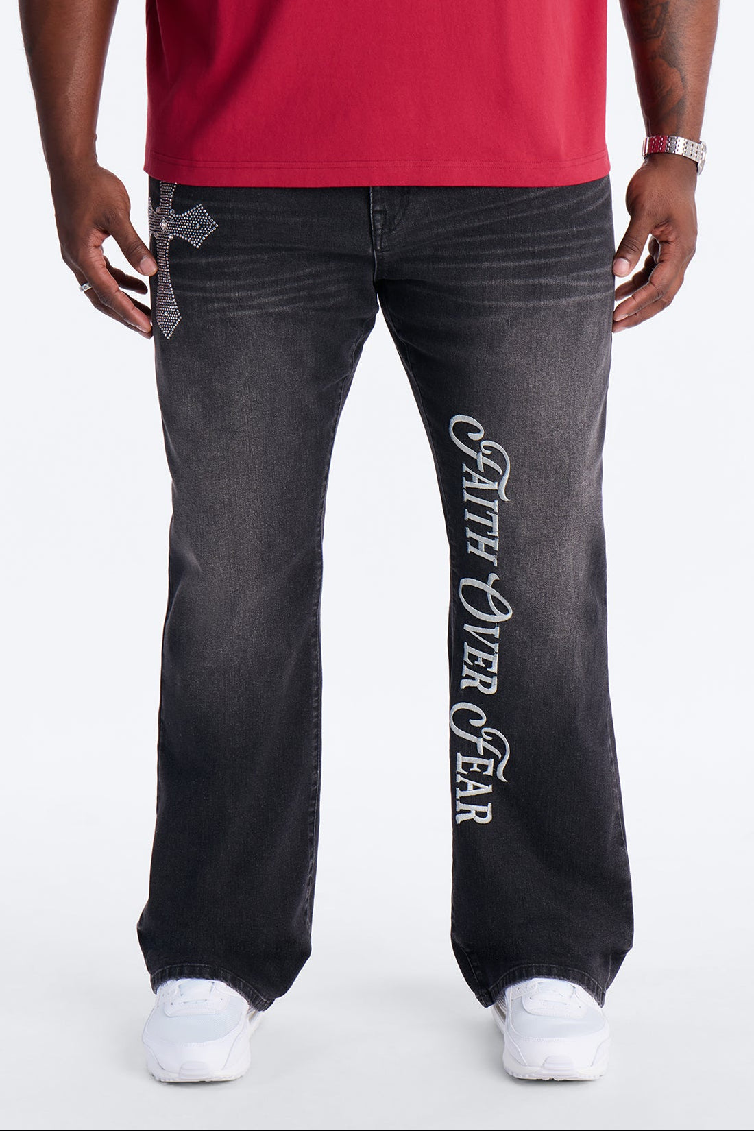 Stacked Slim Flare Faith Over Fear Drip Jean - Black Wash image 4