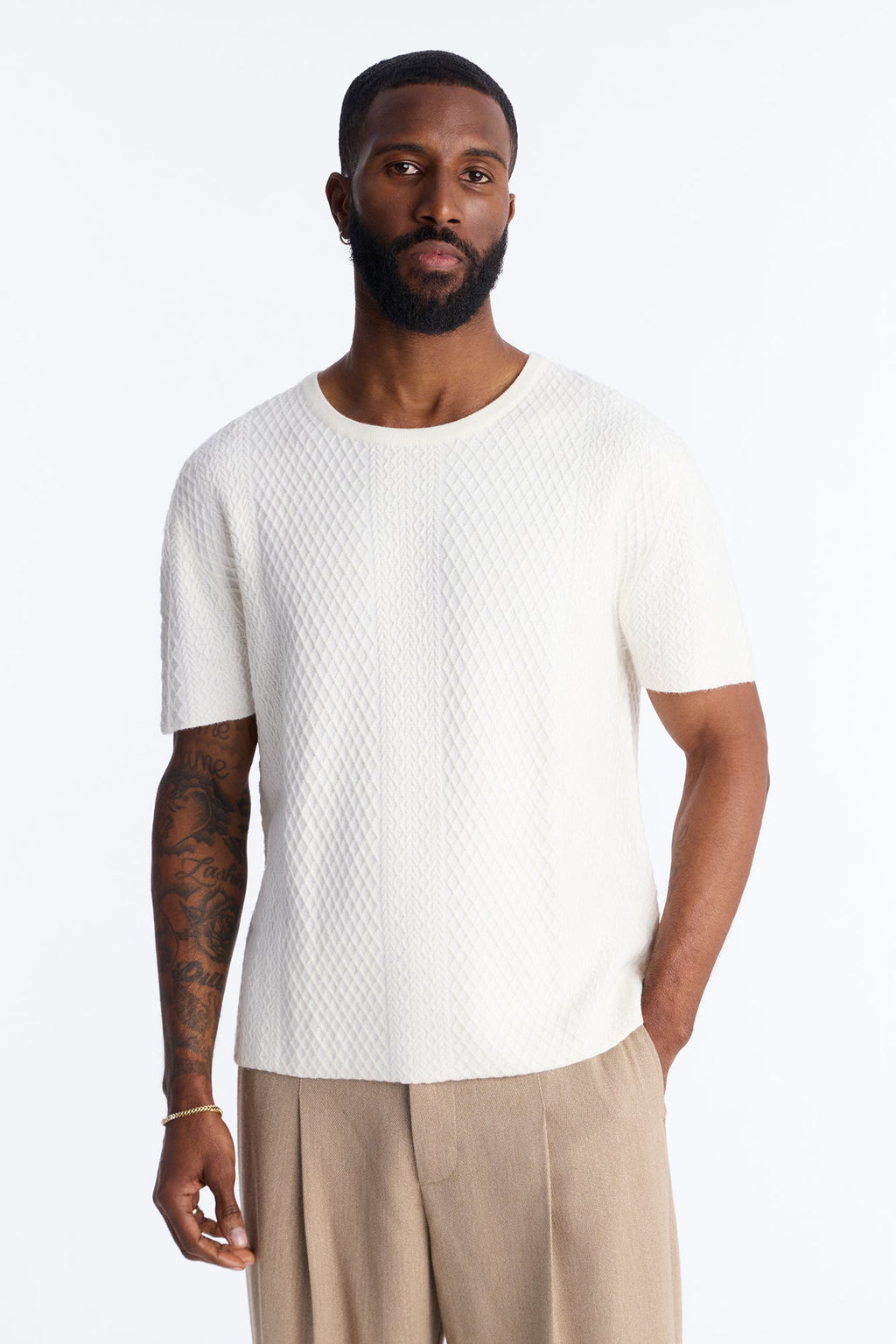 Relaxed Knitted Crewneck Tee - Cream image 1