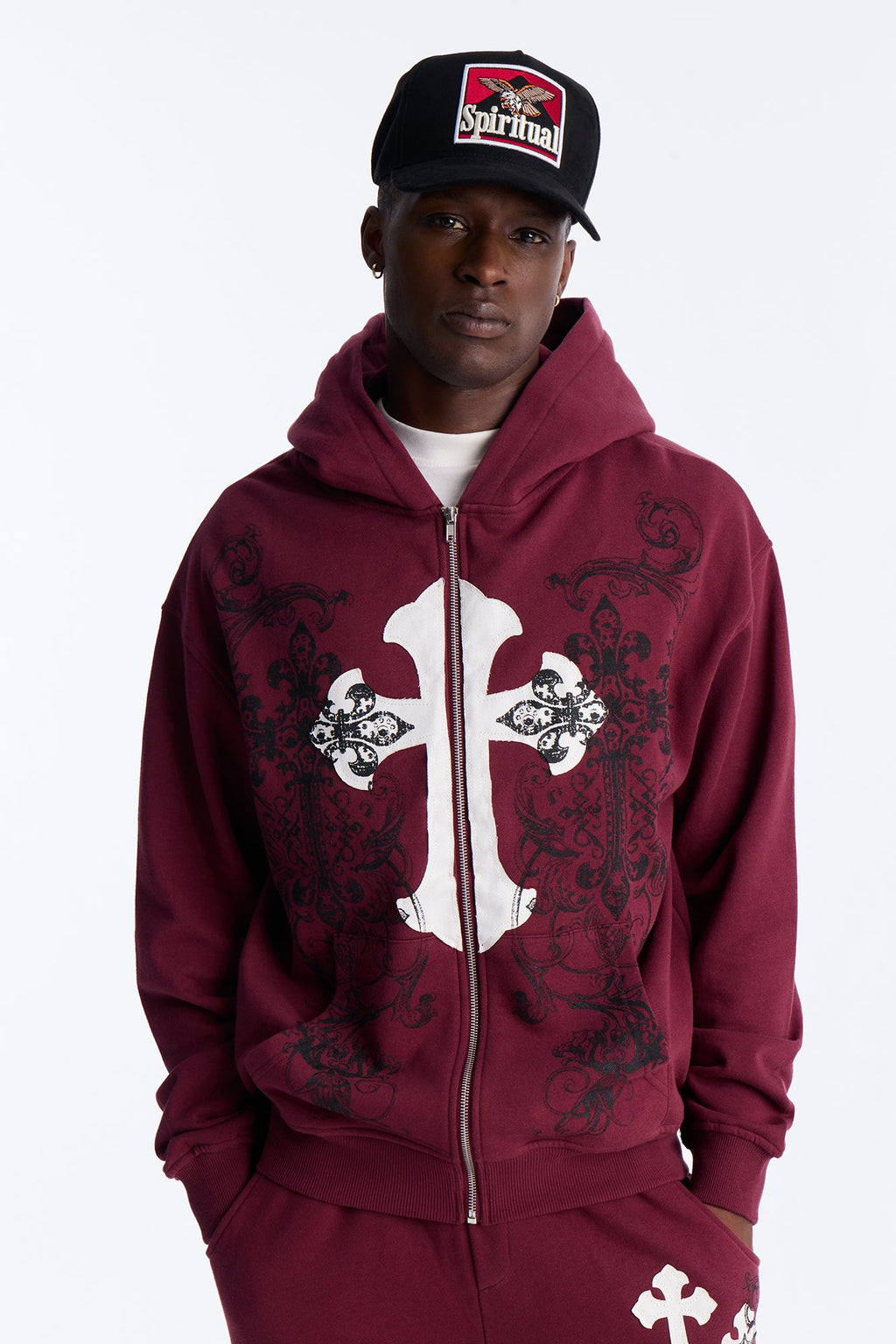 Cross Patch Zip Hoodie - Burgundy image 1