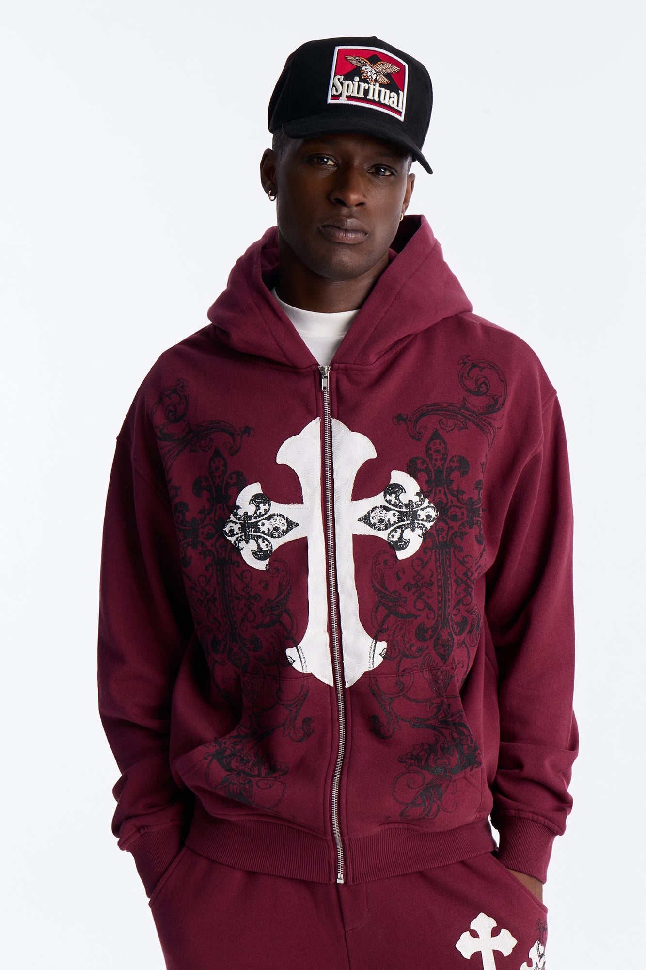 Cross Patch Zip Hoodie - Burgundy image 1