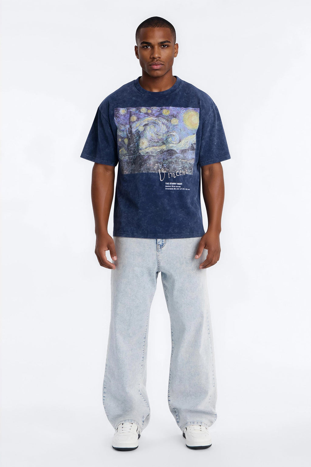Vincent Van Gogh Starry Night Embroidered Mineral Wash Fleece Tee - Navy image 2