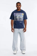 Vincent Van Gogh Starry Night Embroidered Mineral Wash Fleece Tee - Navy image 2