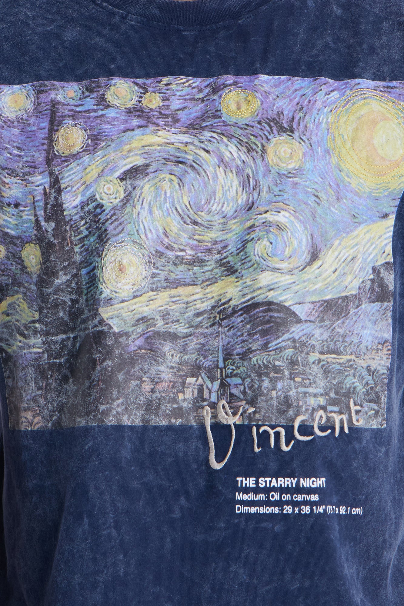 Vincent Van Gogh Starry Night Embroidered Mineral Wash Fleece Tee - Navy image 3
