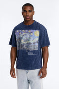 Vincent Van Gogh Starry Night Embroidered Mineral Wash Fleece Tee - Navy image 1