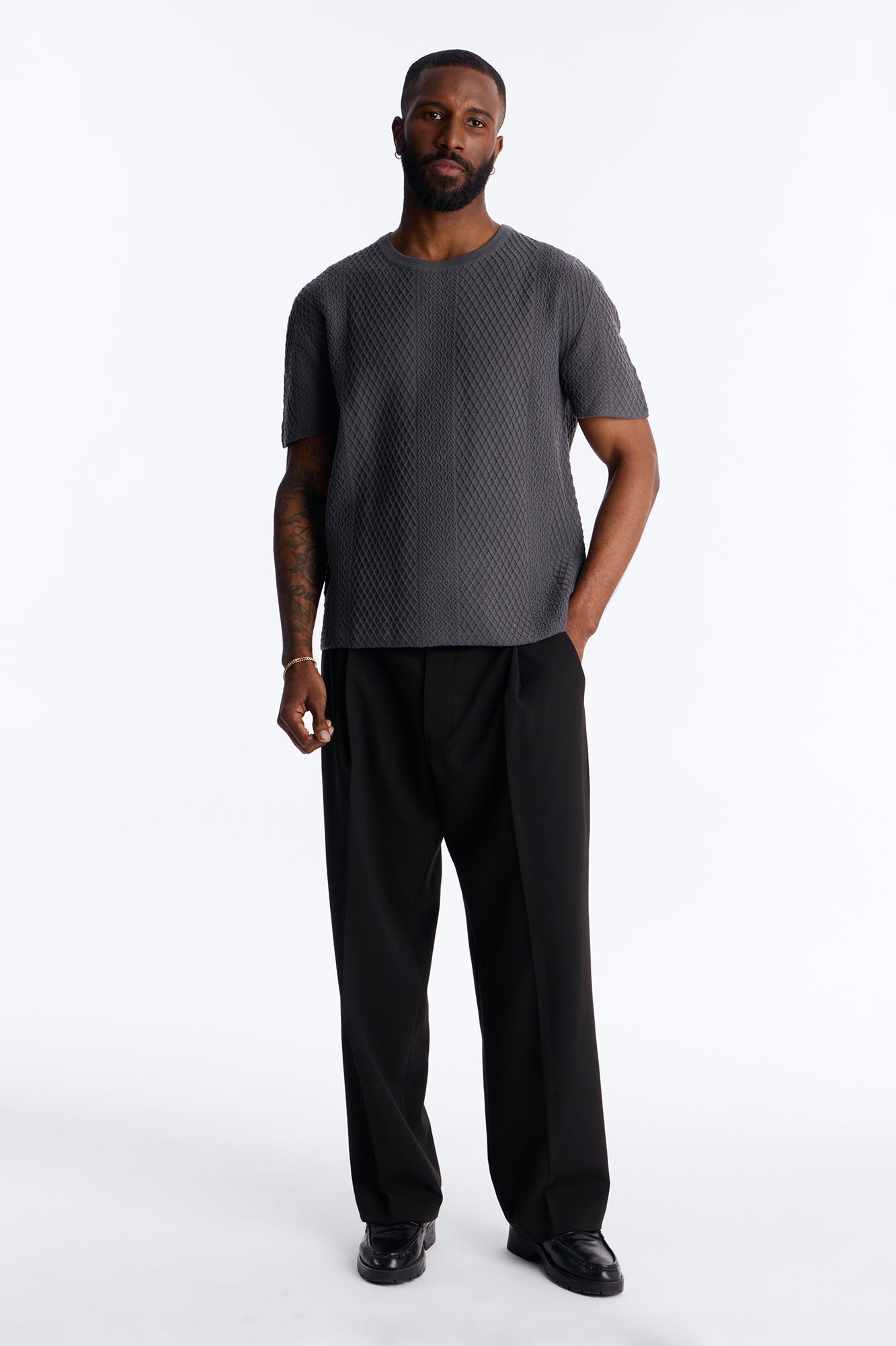 Relaxed Knitted Crewneck Tee - Black image 2