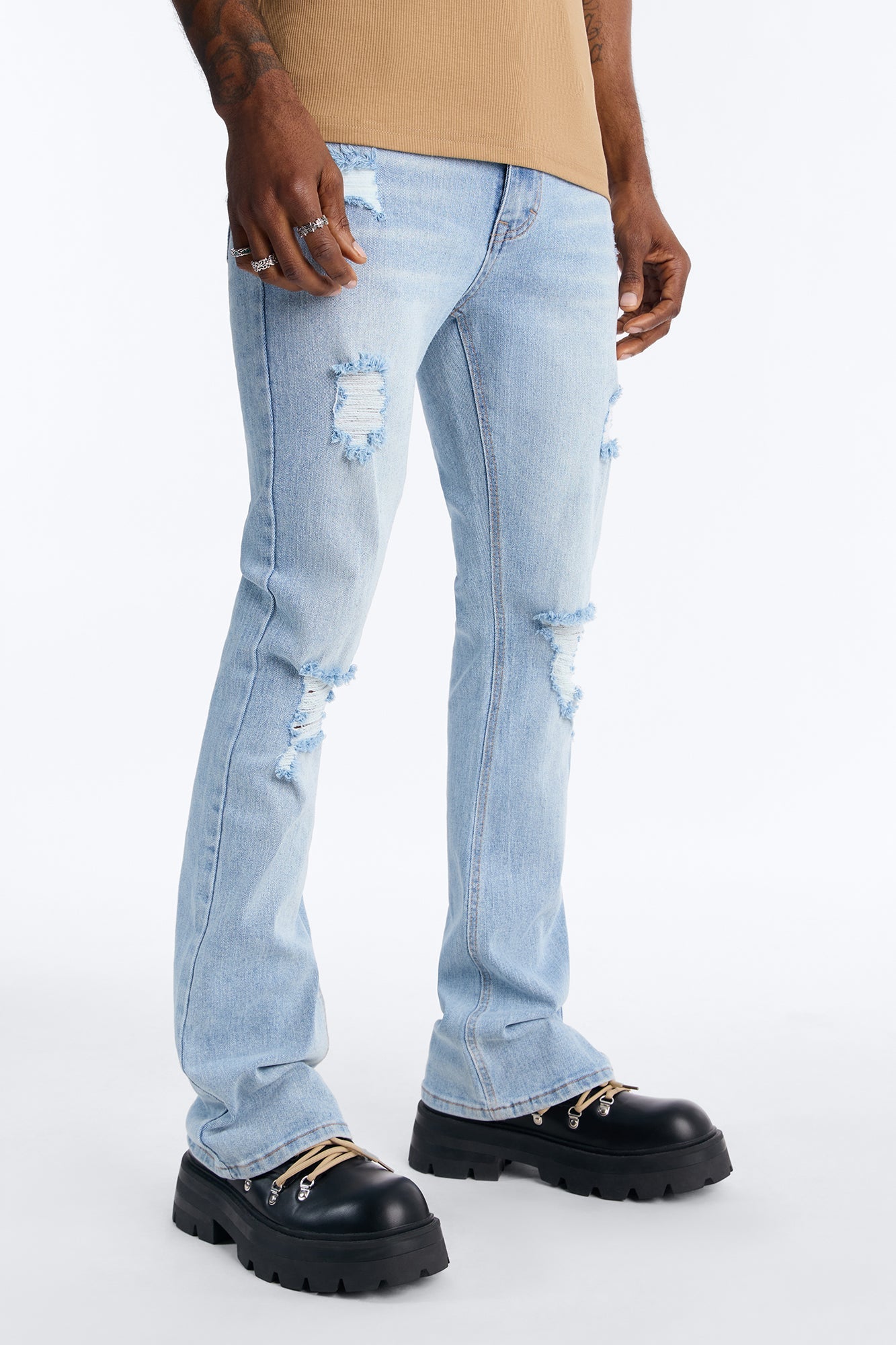 Essential Destroyed Stacked Slim Flare Stretch Jean - Light Blue Wash image 1