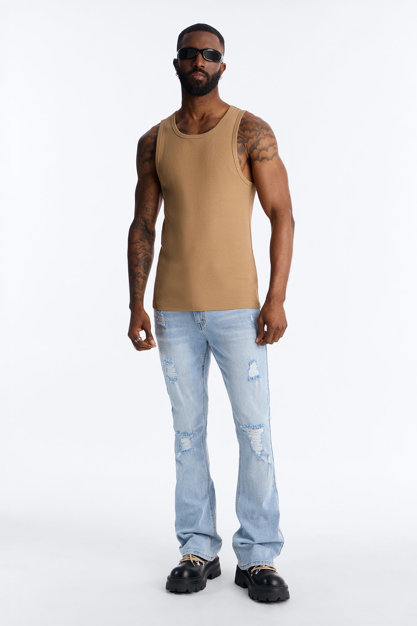 Essential Destroyed Stacked Slim Flare Stretch Jean - Light Blue Wash image 2