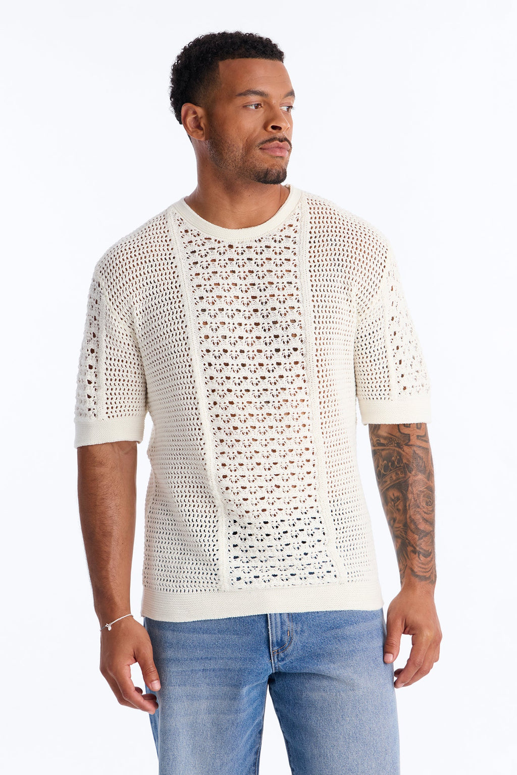 Relaxed Jonathon Crochet Crewneck Tee - Cream image 1