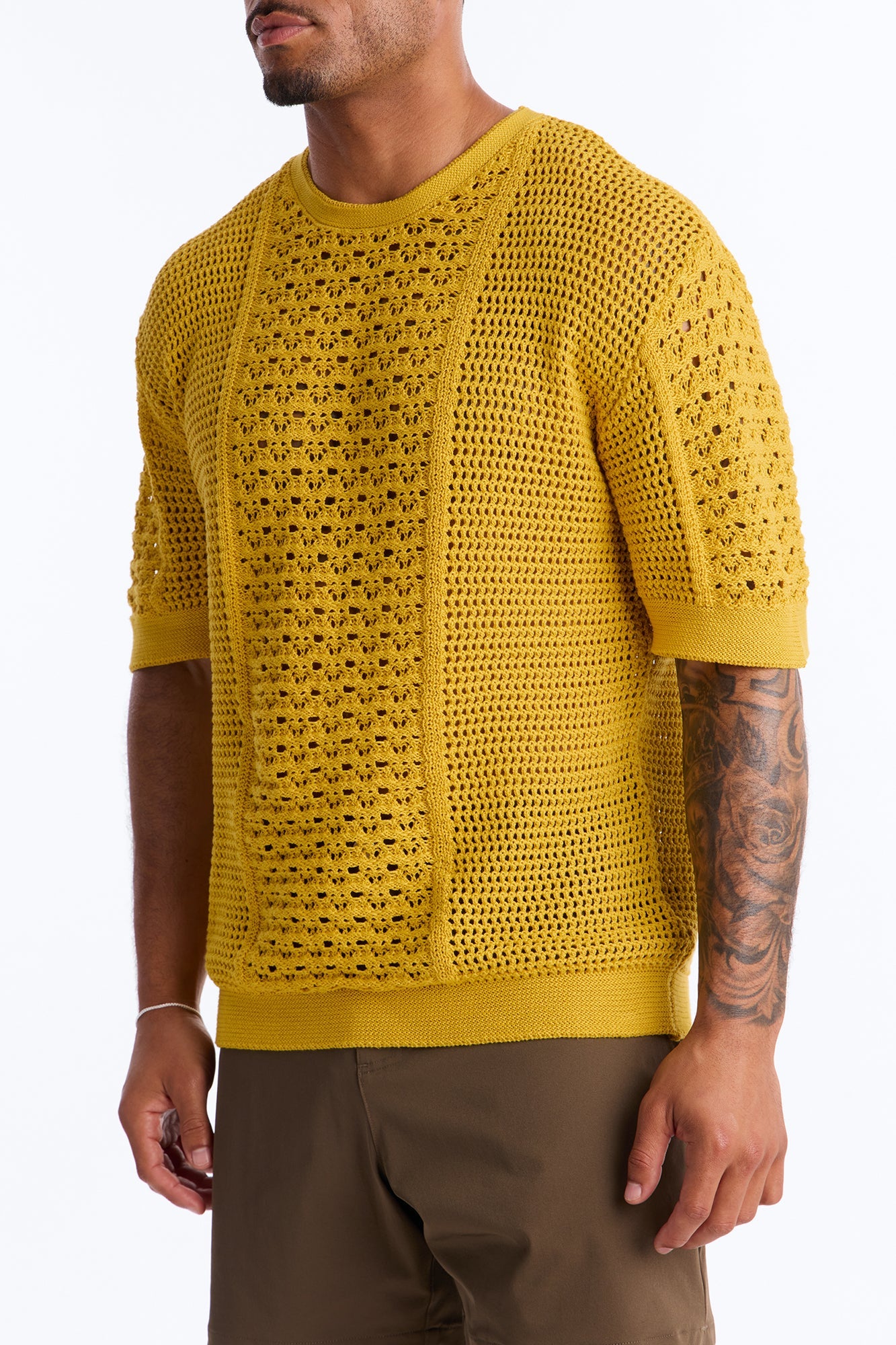 Relaxed Jonathon Crochet Crewneck Tee - Mustard image 3