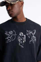 Anti Social Cherub Embroidered Oversized French Terry Tee - Black Wash image 3