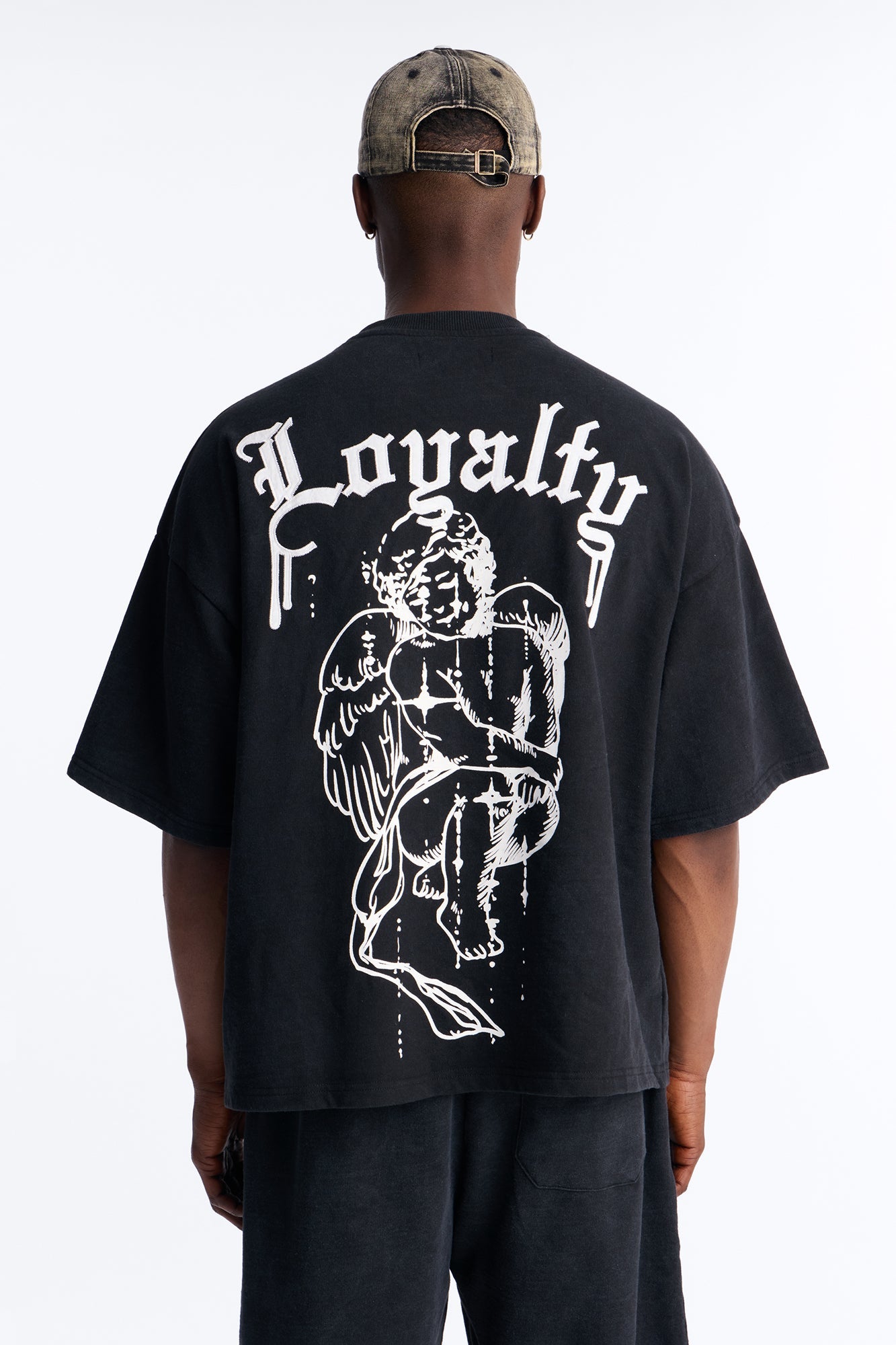 Anti Social Cherub Embroidered Oversized French Terry Tee - Black Wash image 1