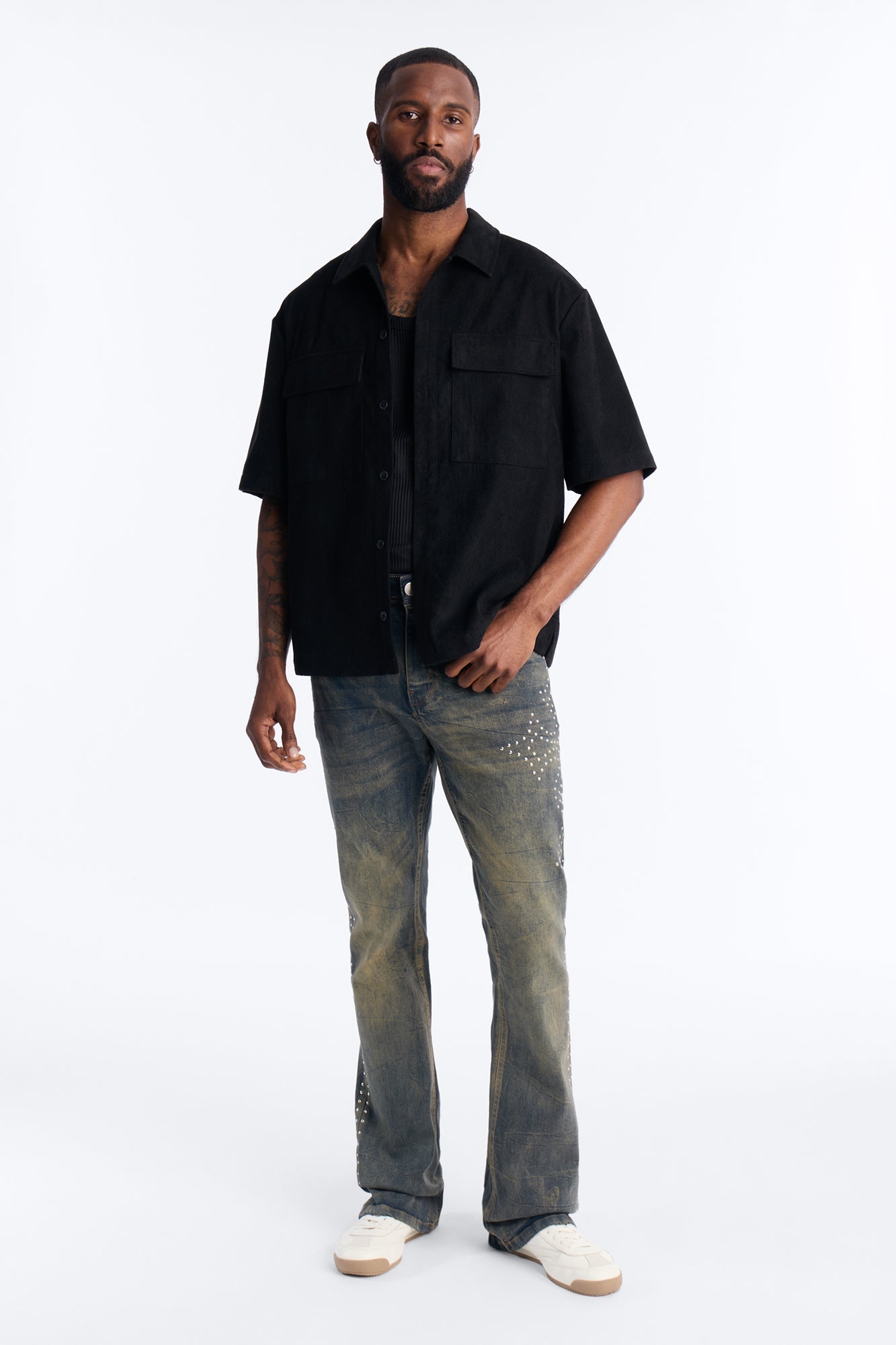 Stacked Skinny Flare Cross By My Side Studded Jeans - Vintage Blue Wash image 2