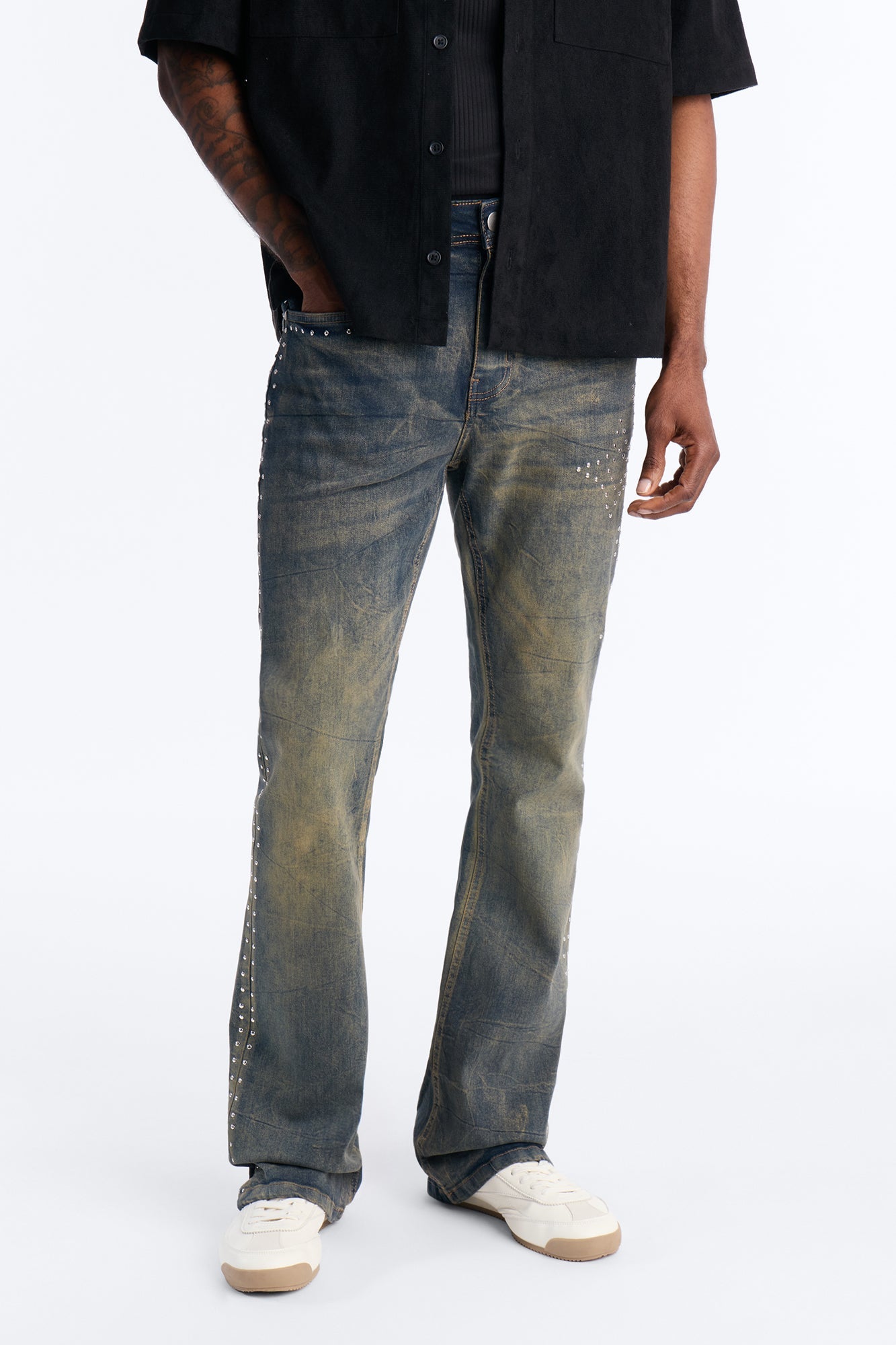 Stacked Skinny Flare Cross By My Side Studded Jeans - Vintage Blue Wash image 1
