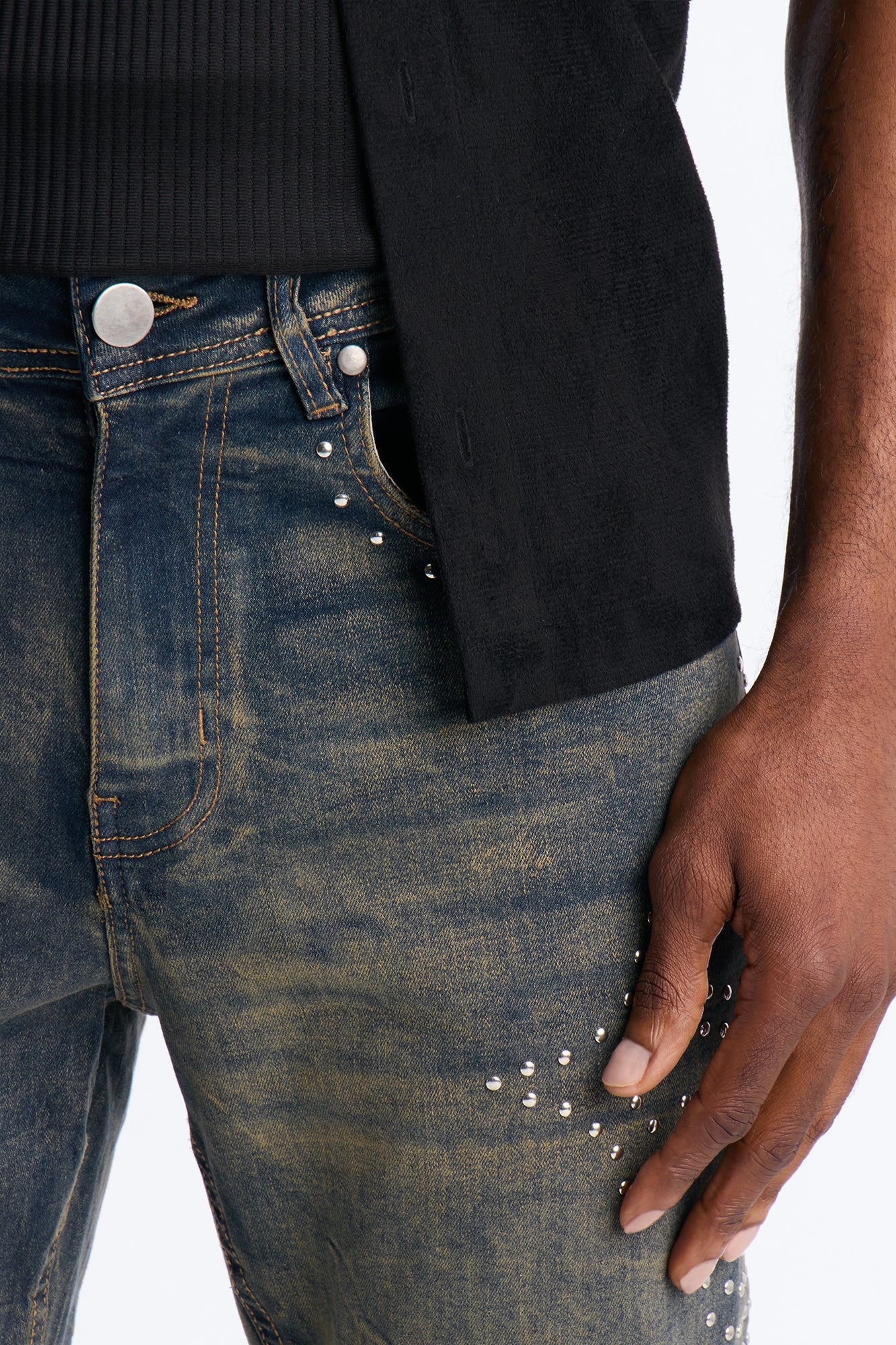 Stacked Skinny Flare Cross By My Side Studded Jeans - Vintage Blue Wash image 3