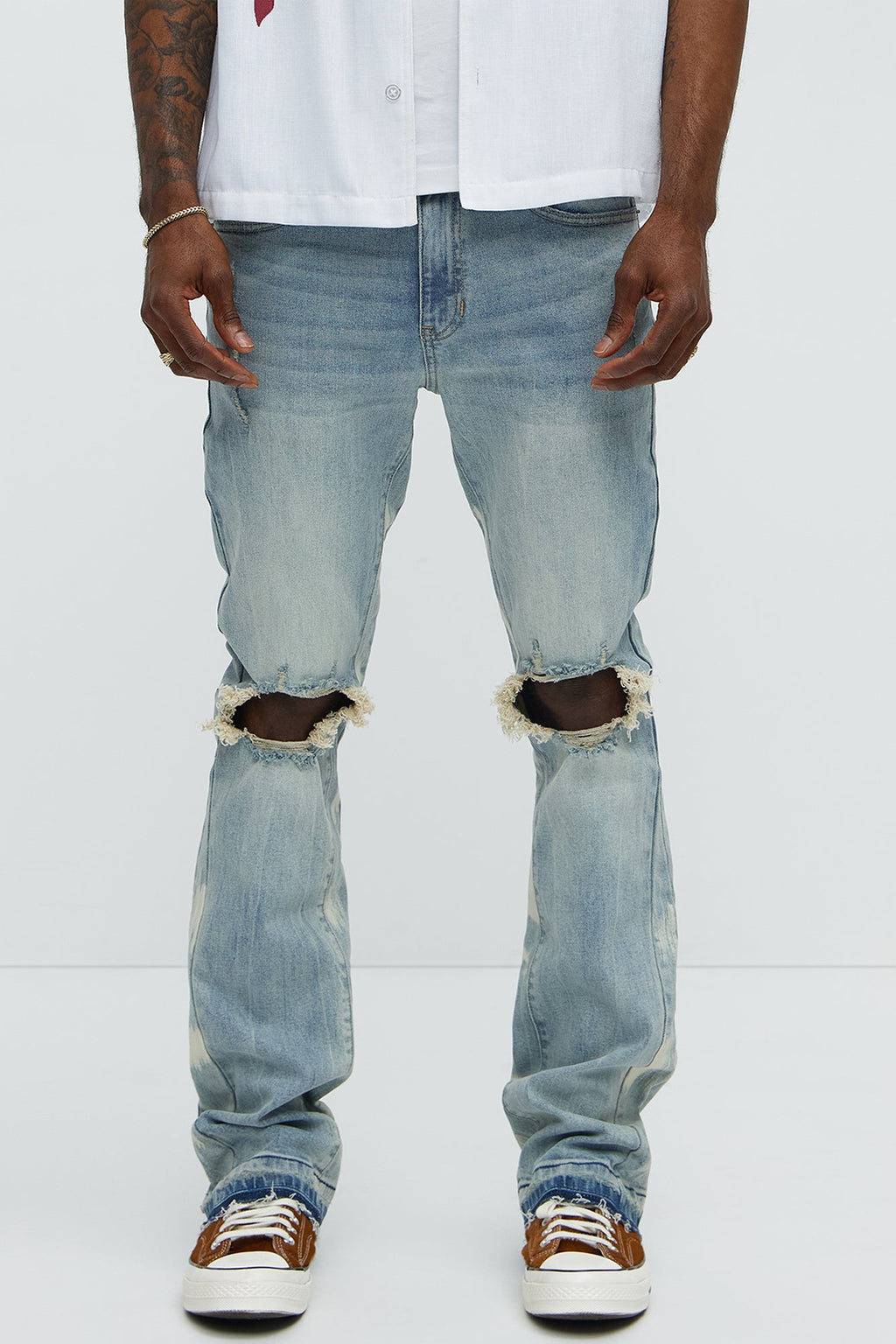 Apex Splotter Ripped Stacked Skinny Flare Jeans - Light Blue Wash image 1