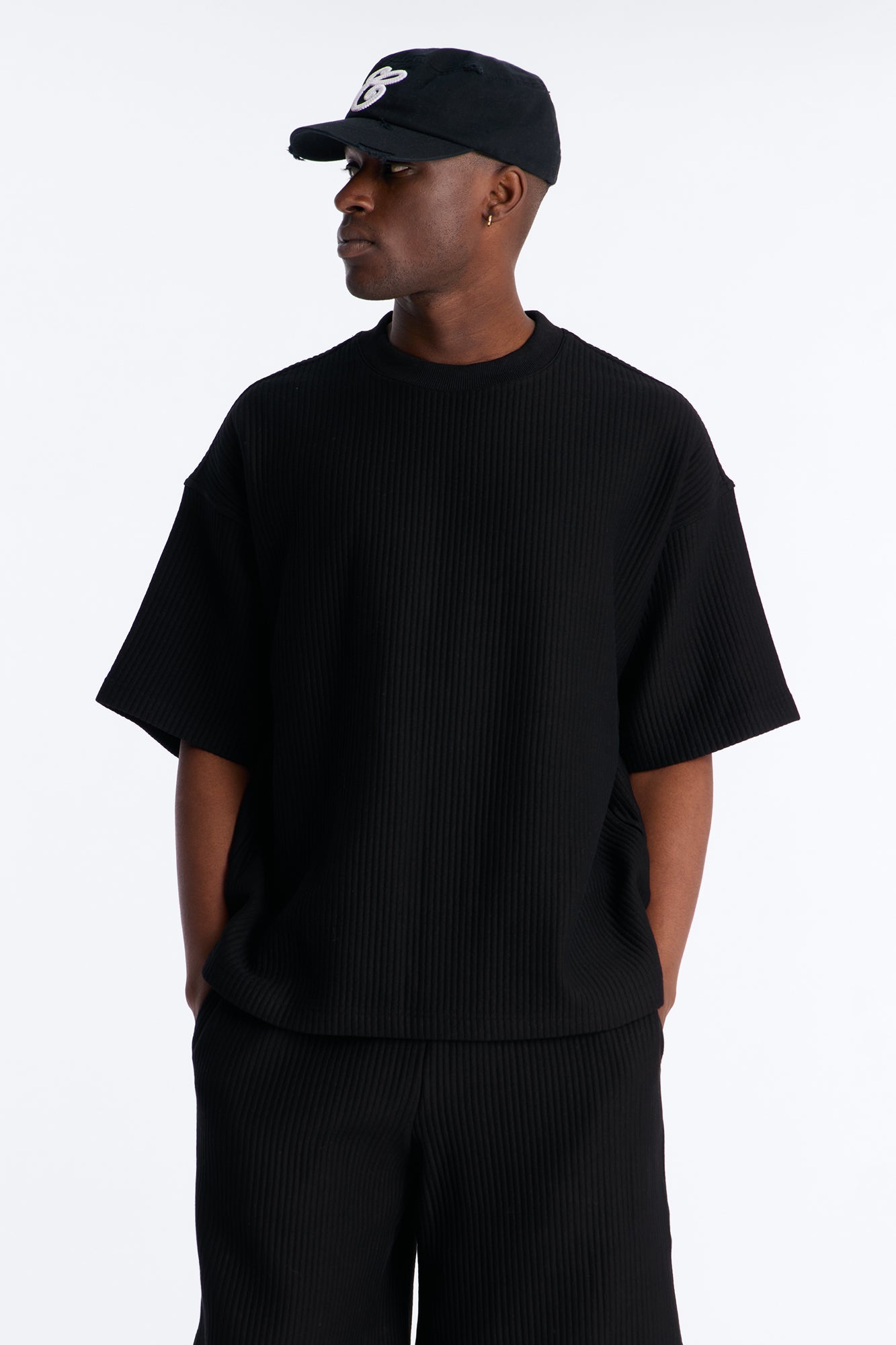 Textured Oversized Short Sleeve Fleece Tee - Black image 1