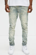 Graffiti Art Stacked Skinny Jeans - Light Wash image 1