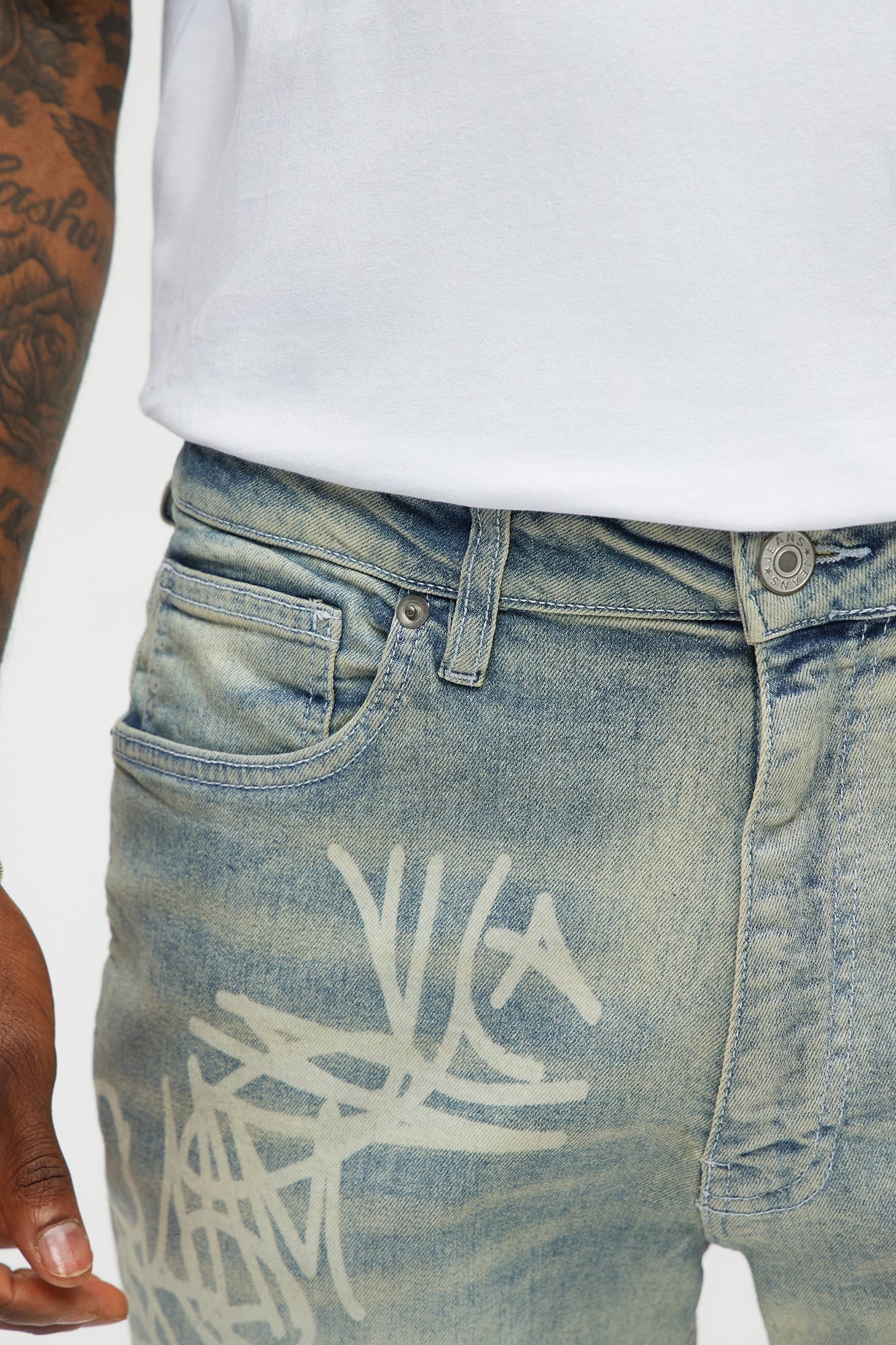 Graffiti Art Stacked Skinny Jeans - Light Wash image 3
