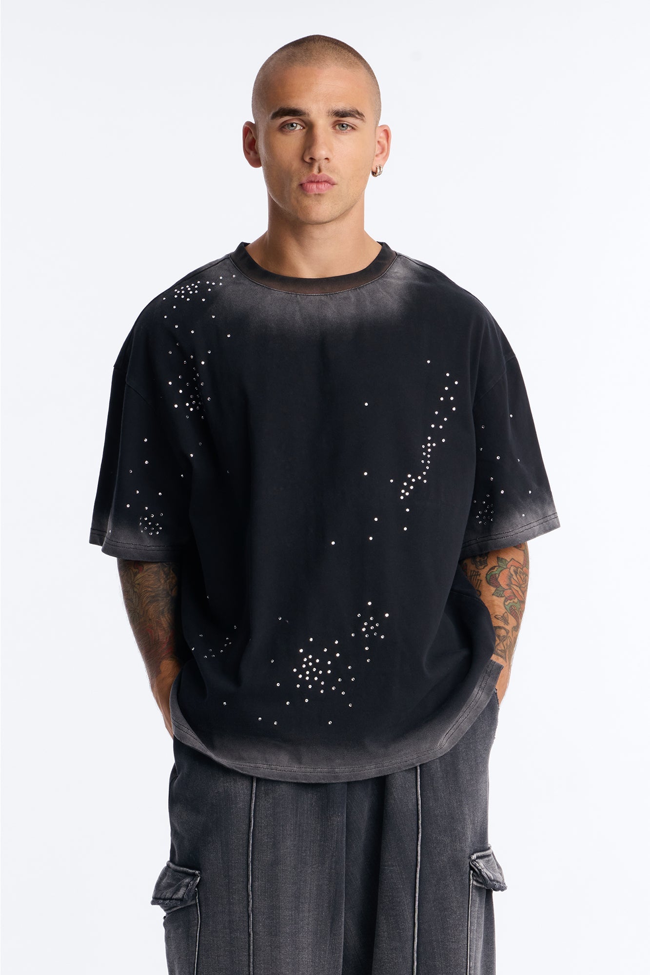 Stardust Dissolved Wash Rhinestone Tee - Black Wash image 1