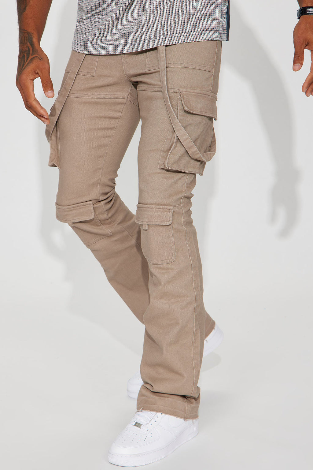 Strapped In Cargo Stacked Skinny Flare Jeans - Taupe image 1