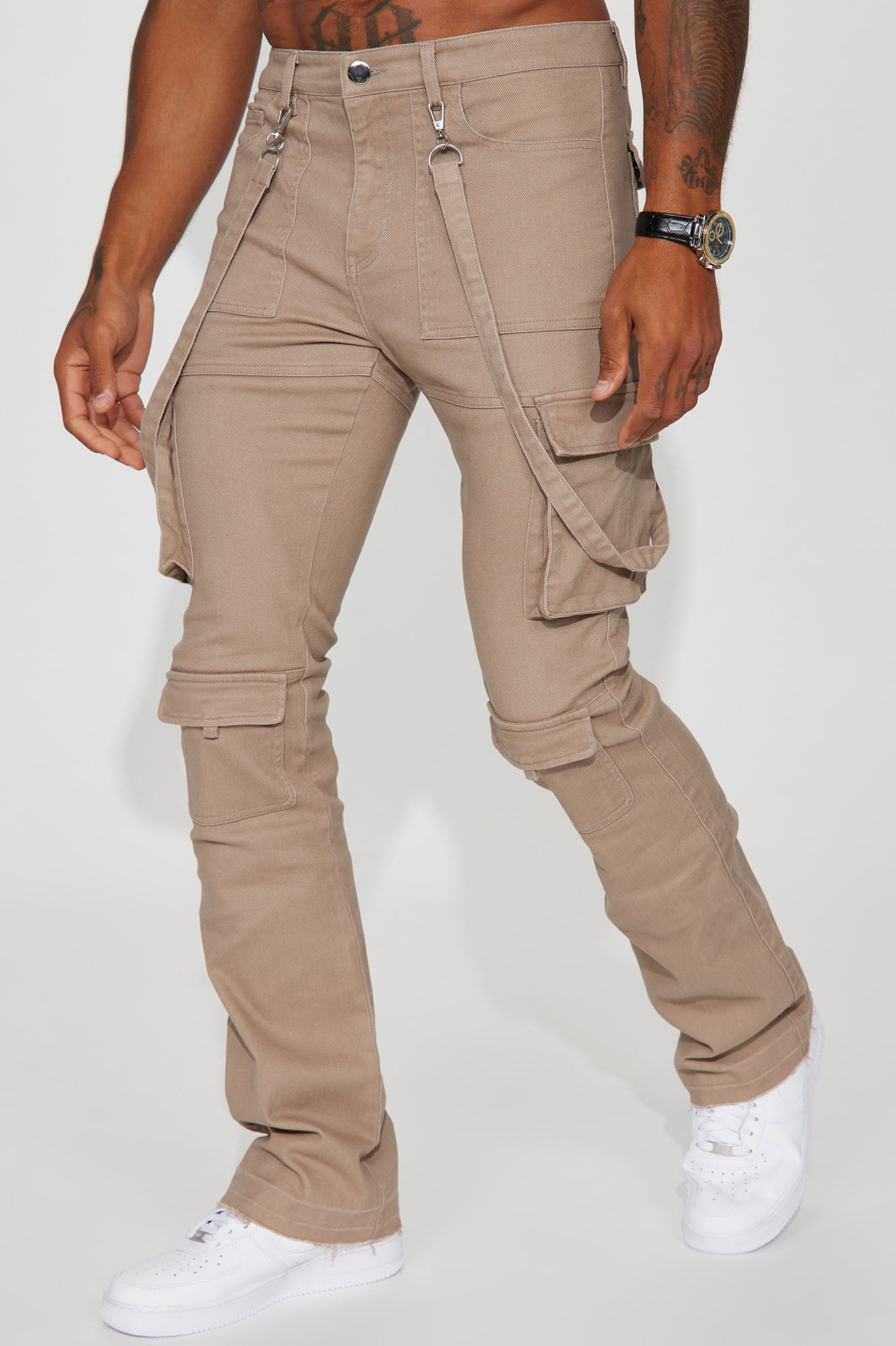 Strapped In Cargo Stacked Skinny Flare Jeans - Taupe image 4