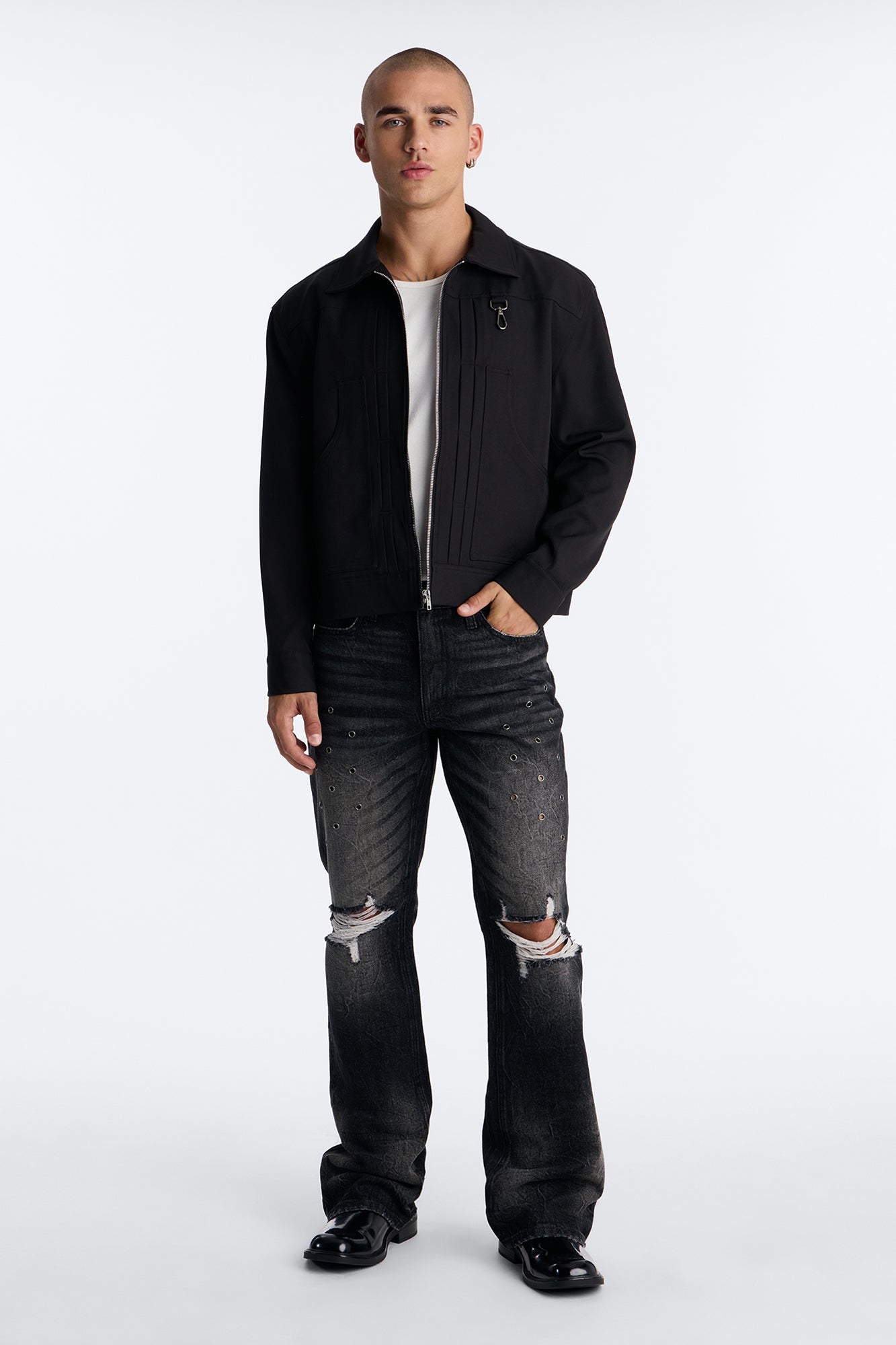 Stacked Slim Flare Looking Out Distressed Grommet Jean - Black Wash image 2