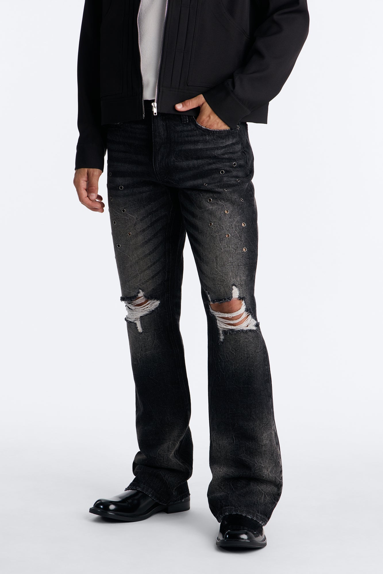 Stacked Slim Flare Looking Out Distressed Grommet Jean - Black Wash image 1