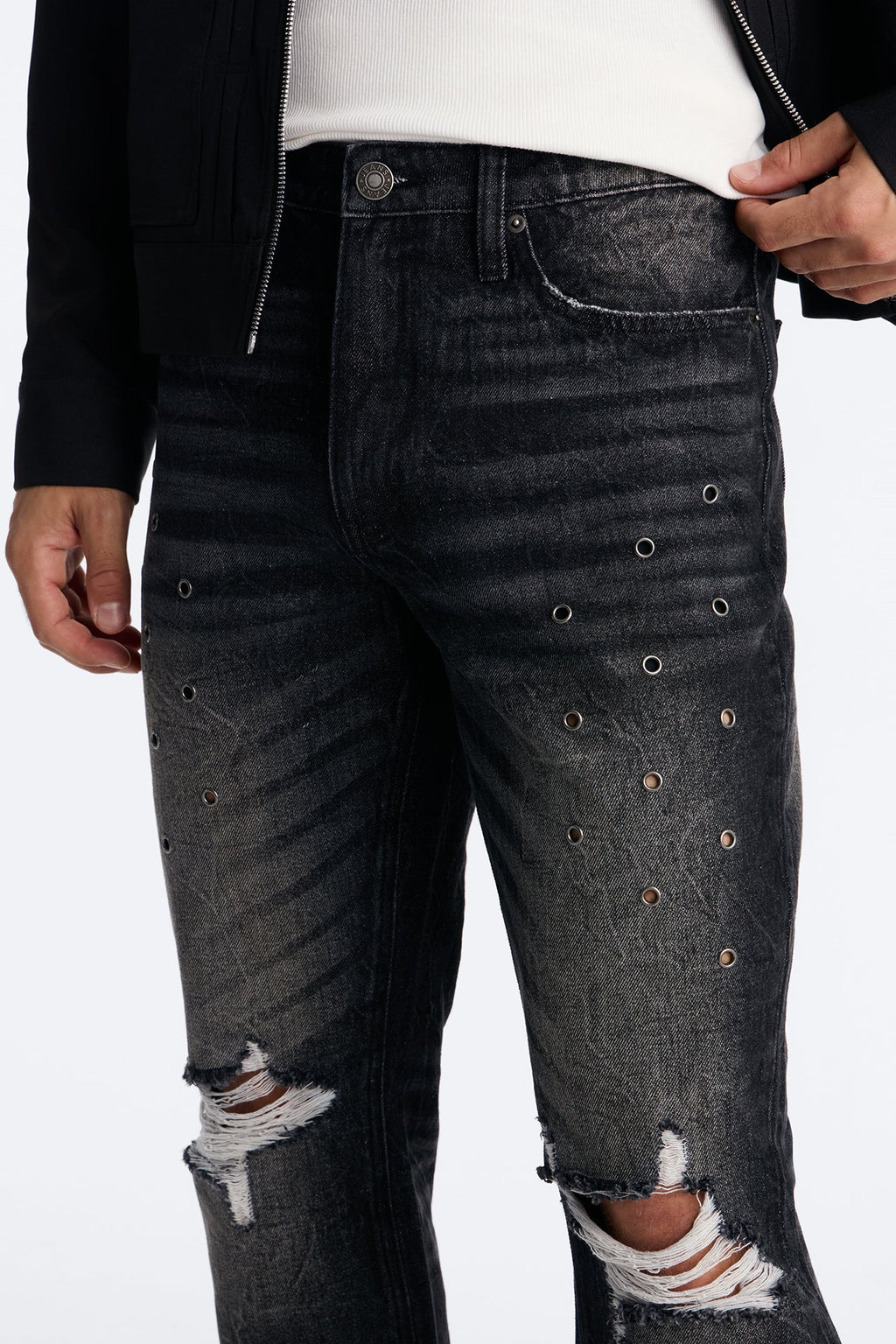Stacked Slim Flare Looking Out Distressed Grommet Jean - Black Wash image 3