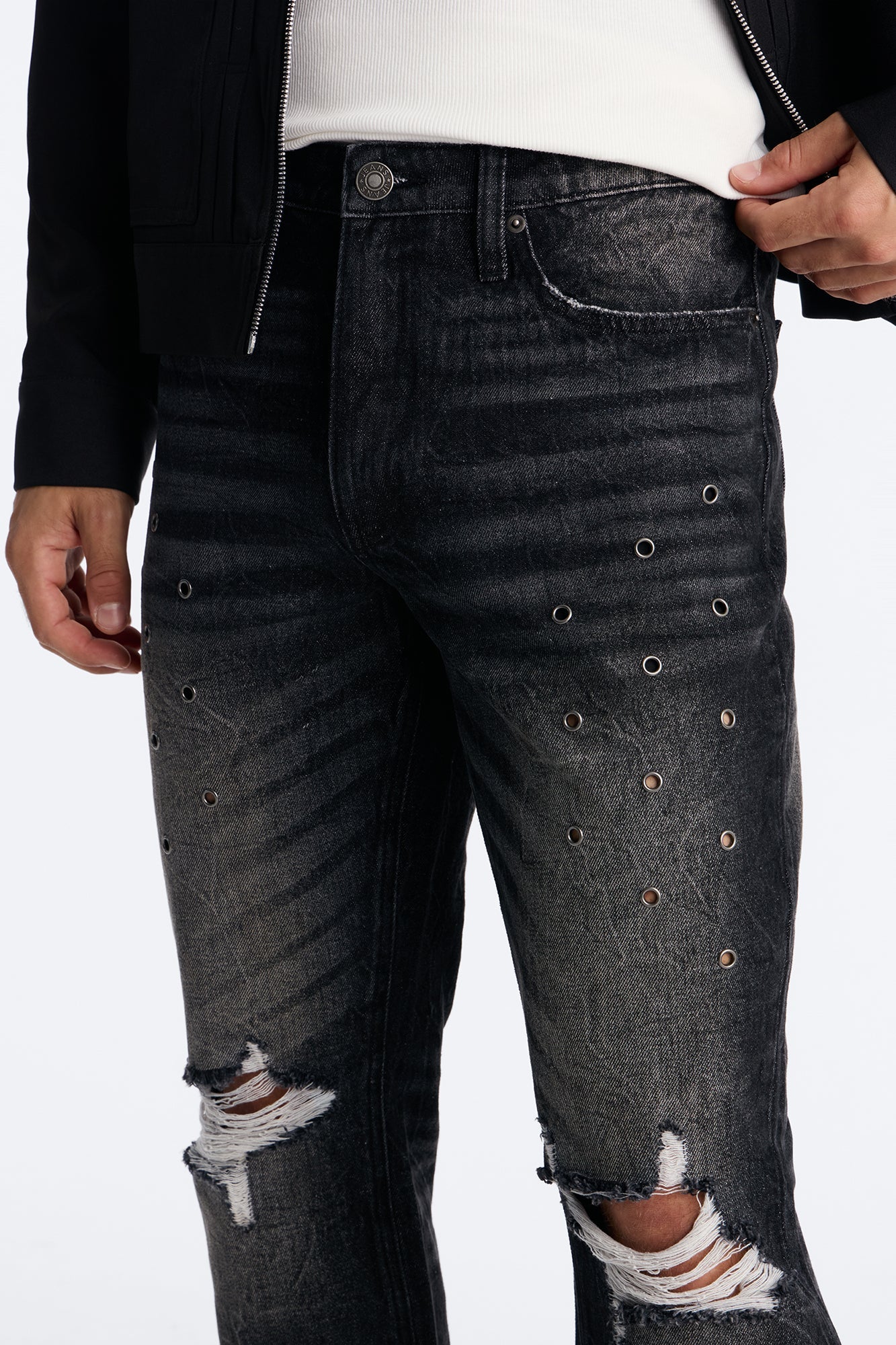 Stacked Slim Flare Looking Out Distressed Grommet Jean - Black Wash image 3