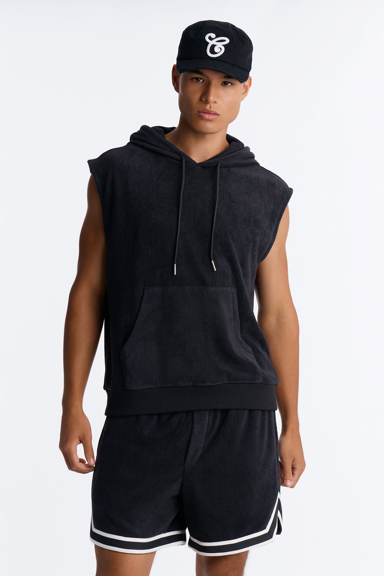 Classic Terry Cloth Sleeveless Hoodie - Black image 1