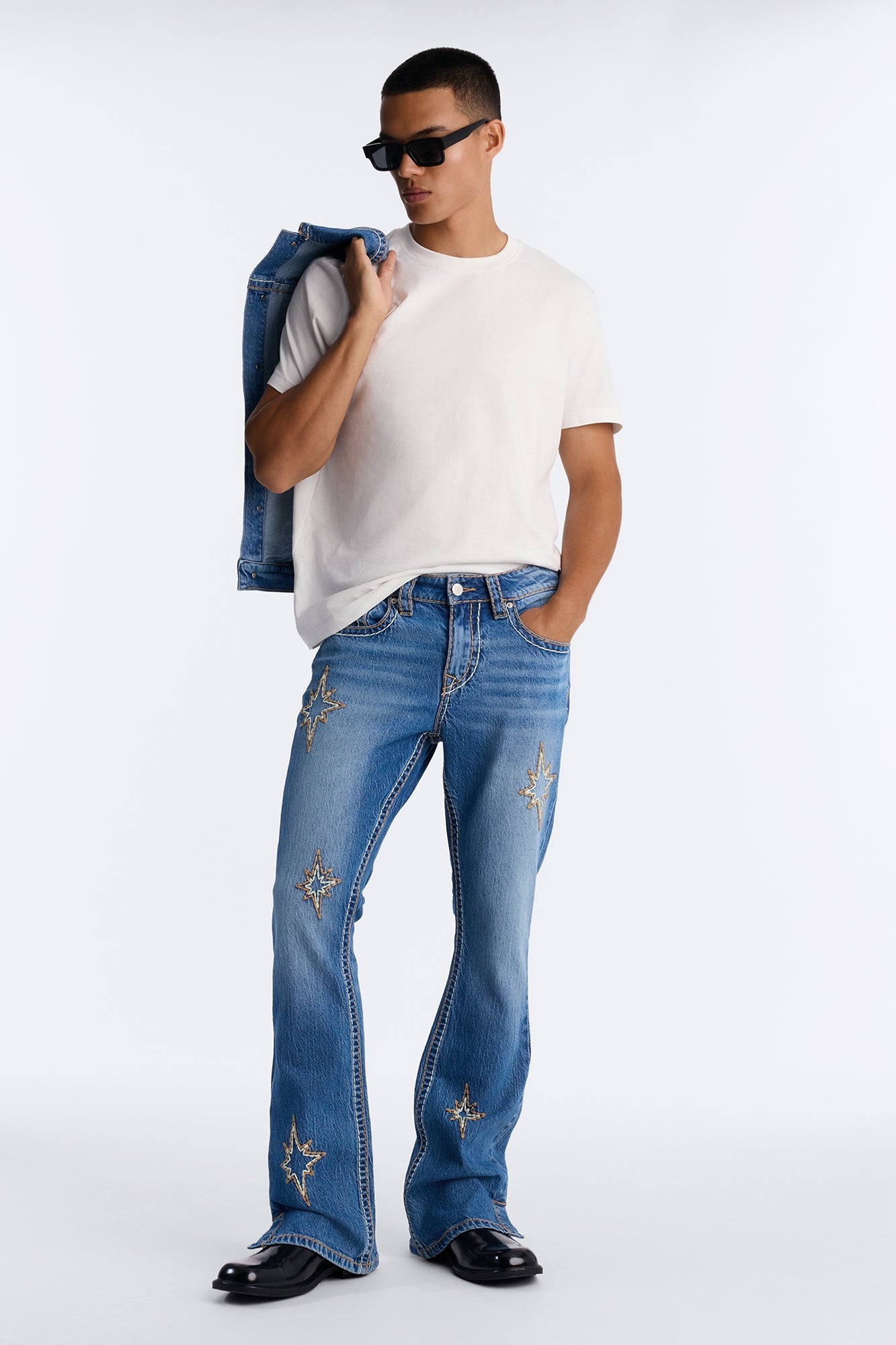 Heavy Stitch Slit Astor Stacked Slim Flare Jean - Medium Blue Wash image 2