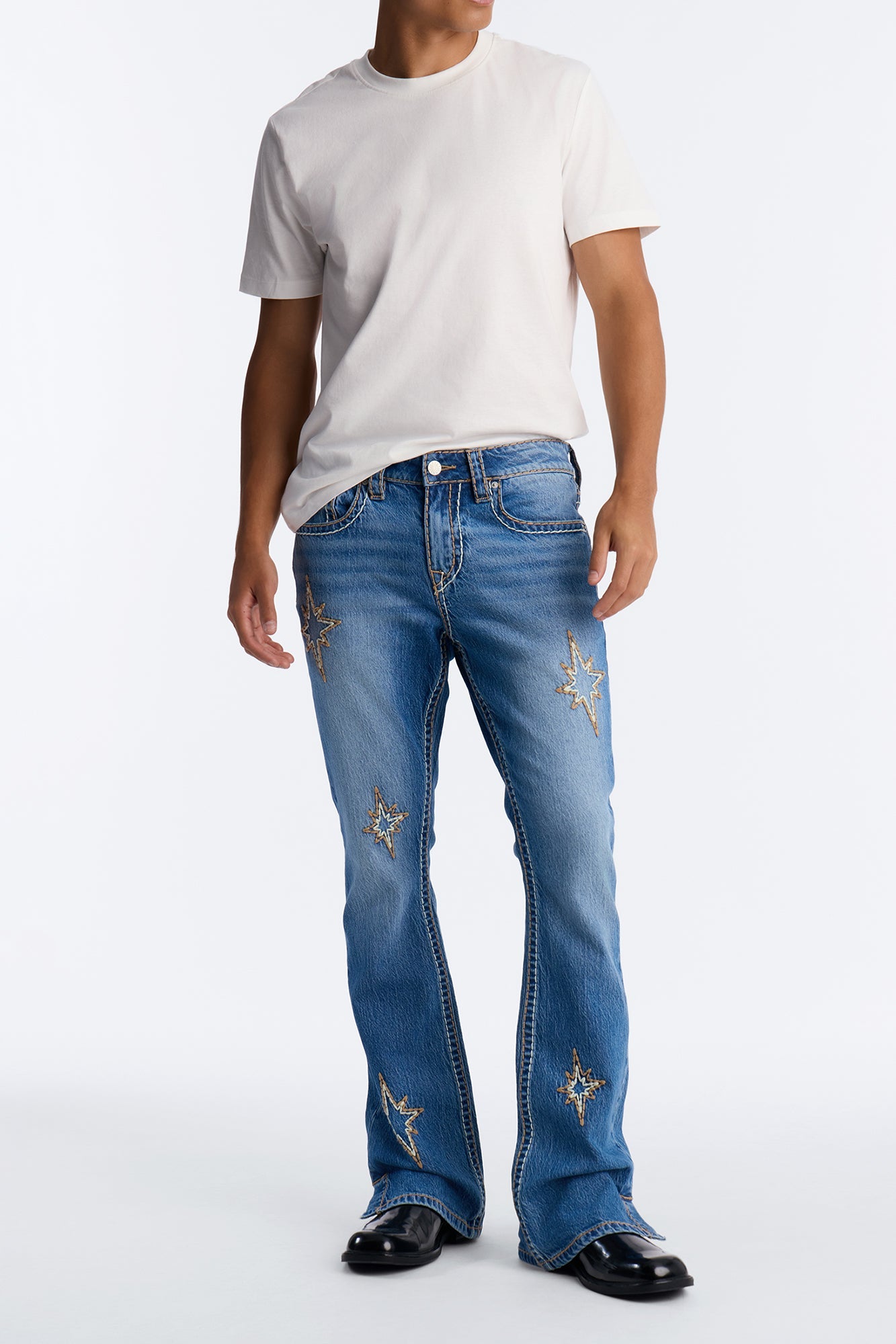Heavy Stitch Slit Astor Stacked Slim Flare Jean - Medium Blue Wash image 1
