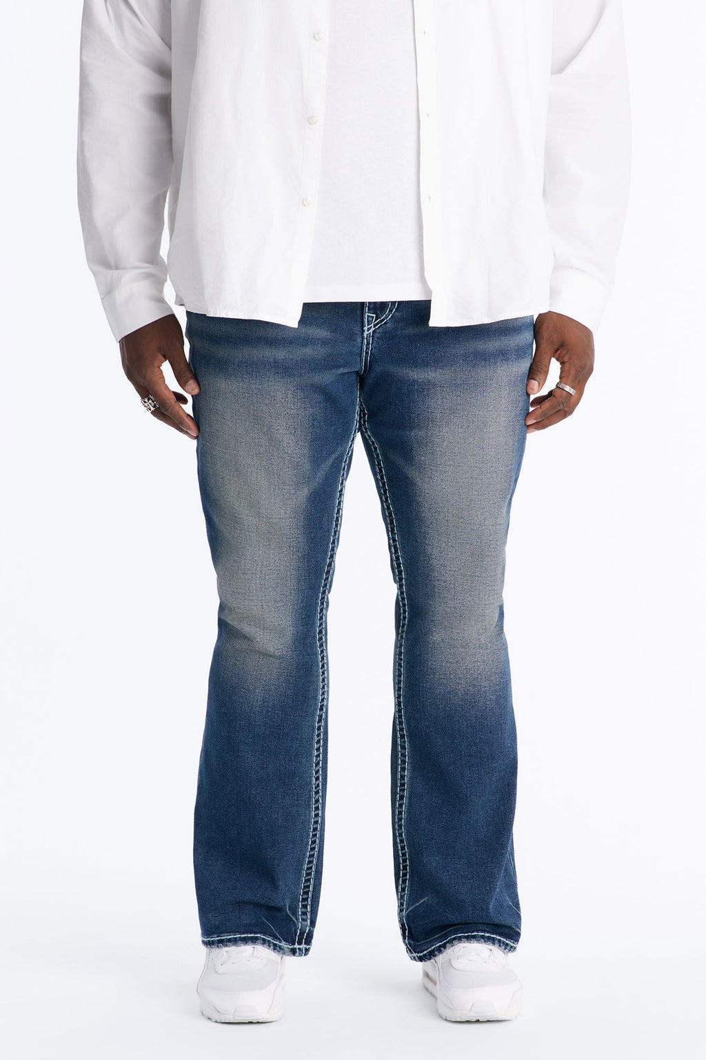 Heavy Stitch Back Flap Stacked Slim Flare Jean - Dark Wash image 1
