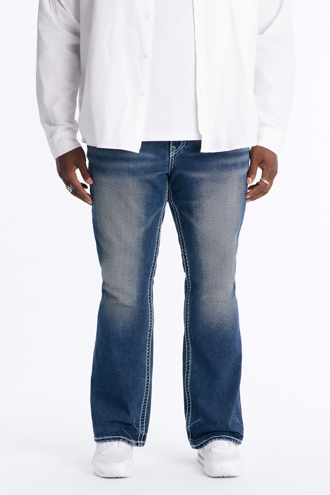 Heavy Stitch Back Flap Stacked Slim Flare Jean - Dark Wash image 1